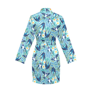 Swallow Pattern Print Design 05 Women's Long Sleeve Belted Night Robe