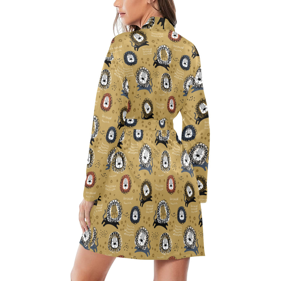 Lion Pattern Print Design 03 Women's Long Sleeve Belted Night Robe