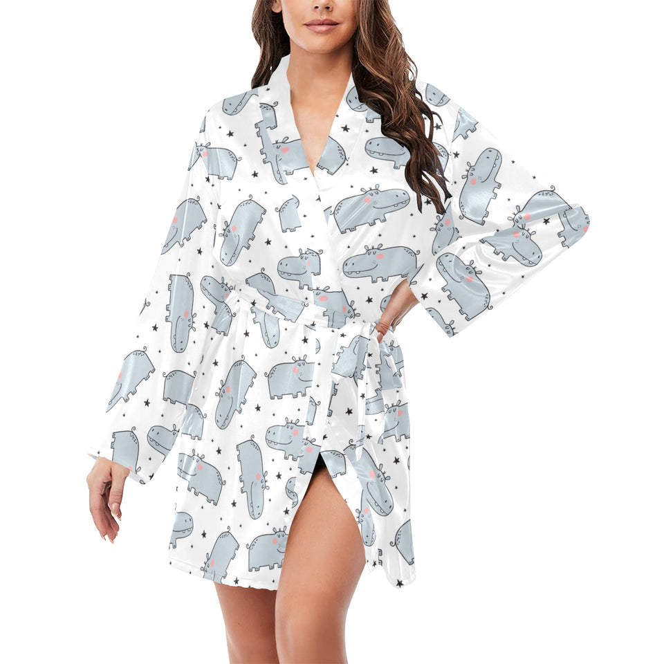 Hippopotamus Pattern Print Design 01 Women's Long Sleeve Belted Night Robe