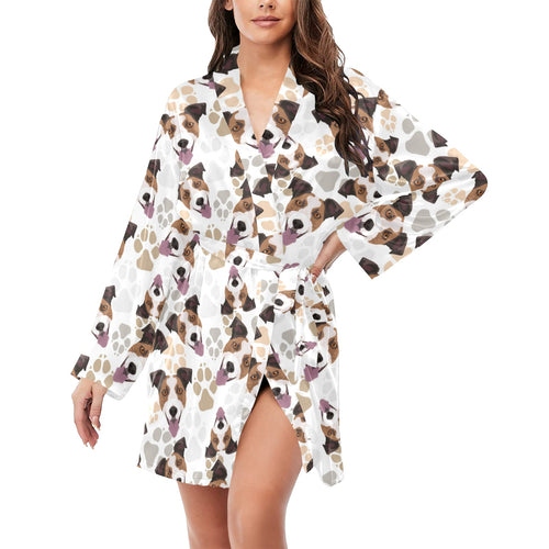 Jack Russel Pattern Print Design 05 Women's Long Sleeve Belted Night Robe