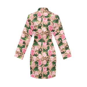 Rose Pattern Print Design 04 Women's Long Sleeve Belted Night Robe