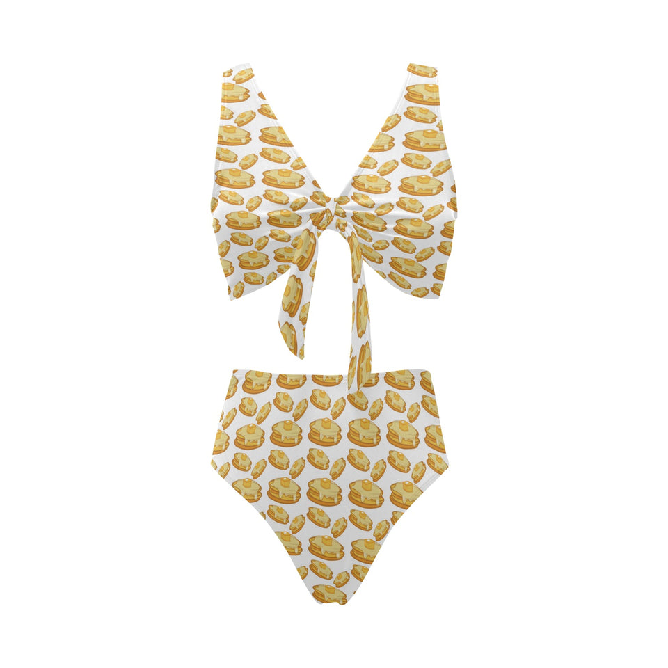 Pancake Pattern Print Design 05 Chest Bowknot High Waisted Bikini Swimsuit