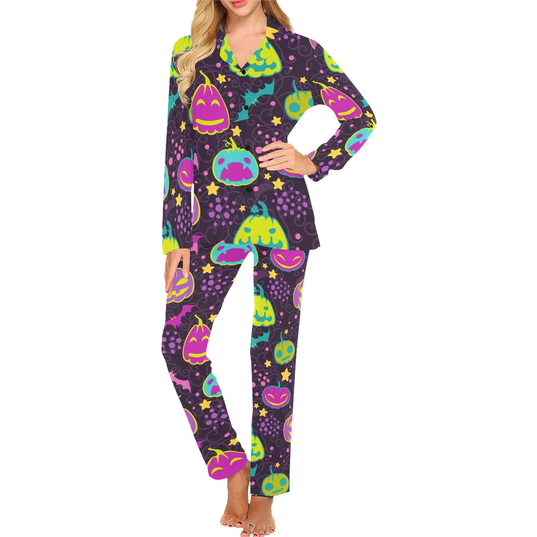 Halloween Pumpkin Bat Pattern Women's Long Pajama Set