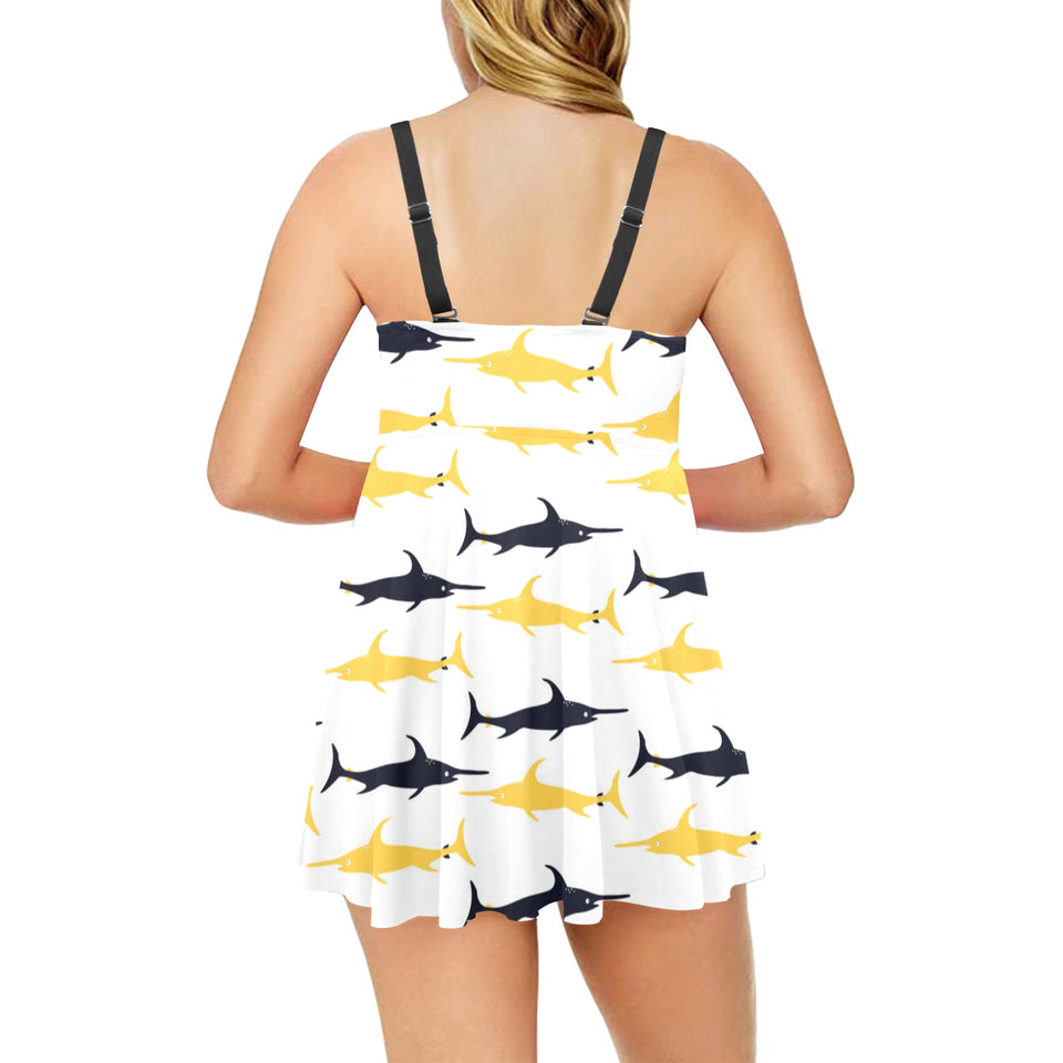 Swordfish Pattern Print Design 05 Chest Sexy Pleated Two Piece Swim Dress