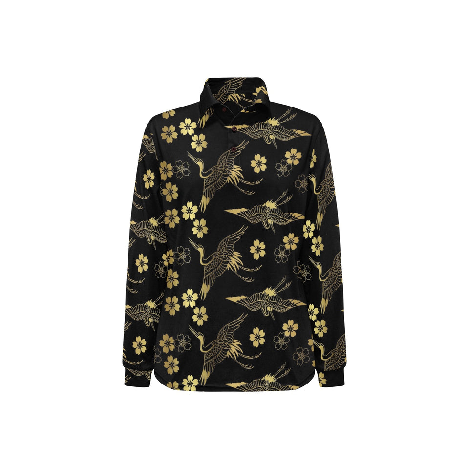 Gold Japanese Theme Pattern Women's Long Sleeve Polo Shirt