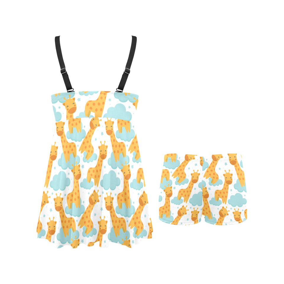 Giraffe Pattern Print Design 05 Chest Sexy Pleated Two Piece Swim Dress