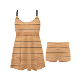 Wood Printed Pattern Print Design 04 Chest Sexy Pleated Two Piece Swim Dress