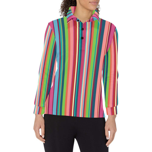 Rainbow Stripe Pattern Women's Long Sleeve Polo Shirt