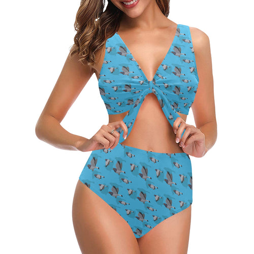 Pigeon Pattern Print Design 05 Chest Bowknot High Waisted Bikini Swimsuit