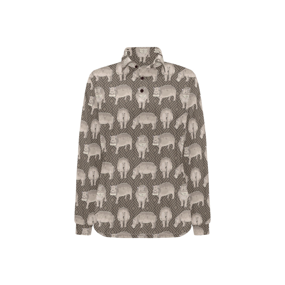 Hippopotamus Pattern Print Design 04 Women's Long Sleeve Polo Shirt