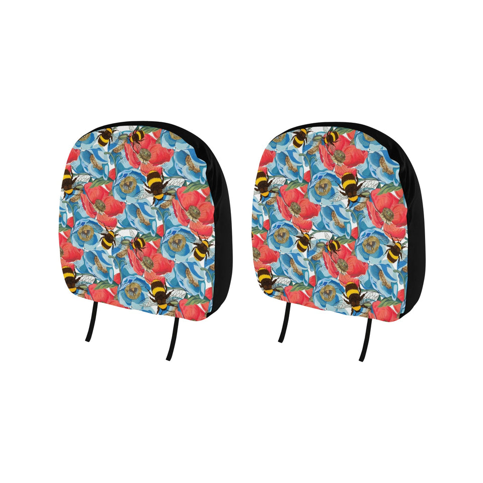 Bee Red and Blue Hibiscus Pattern Car Headrest Cover