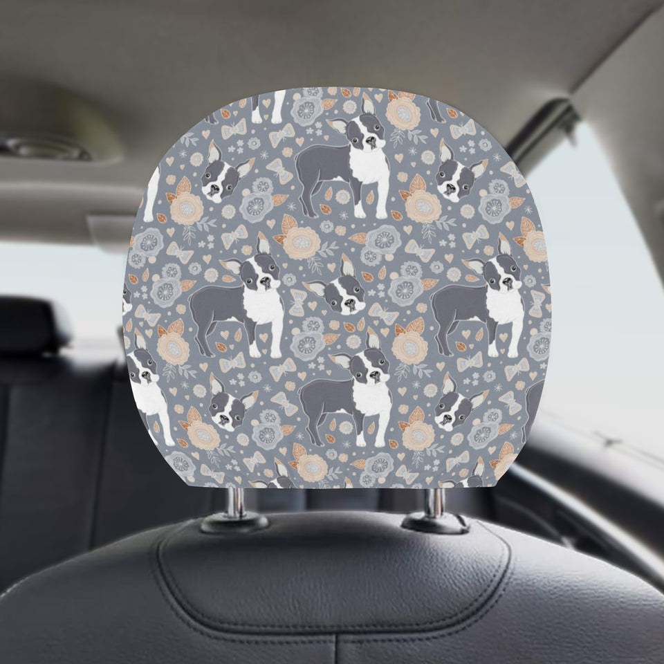 Boston Terrier Flower Pattern Gray Background Car Headrest Cover