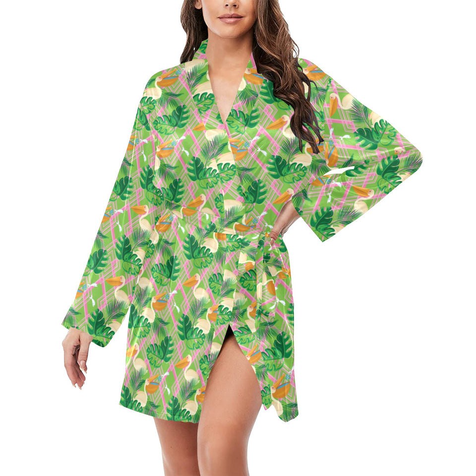 Pelican Pattern Print Design 05 Women's Long Sleeve Belted Night Robe