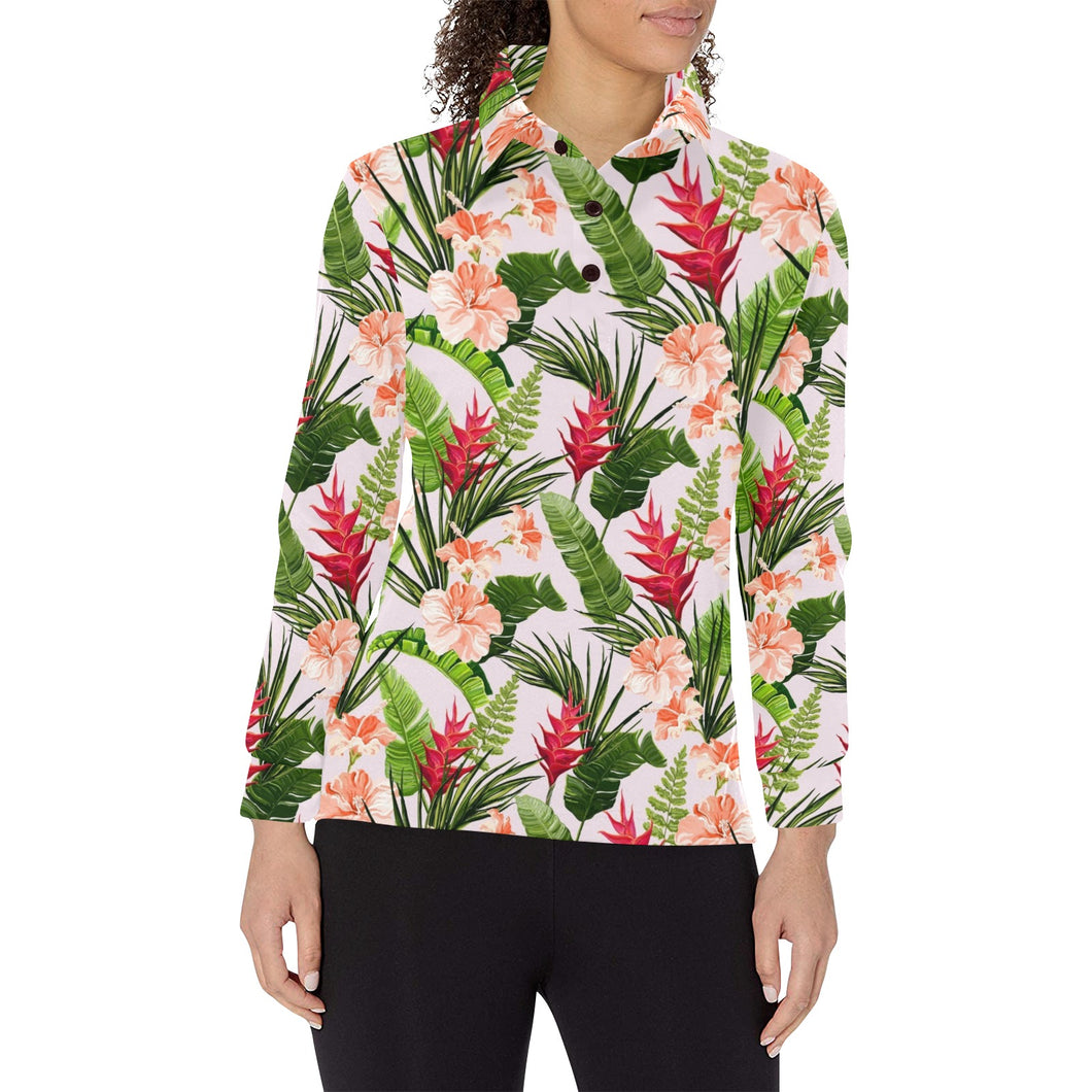 Heliconia Hibiscus Leaves Pattern Women's Long Sleeve Polo Shirt