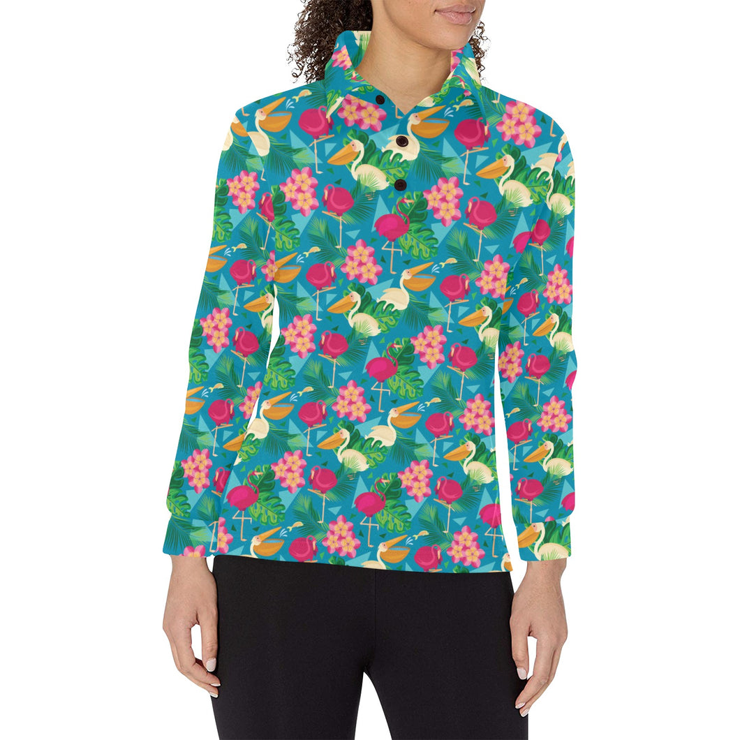 Pelican Pattern Print Design 03 Women's Long Sleeve Polo Shirt