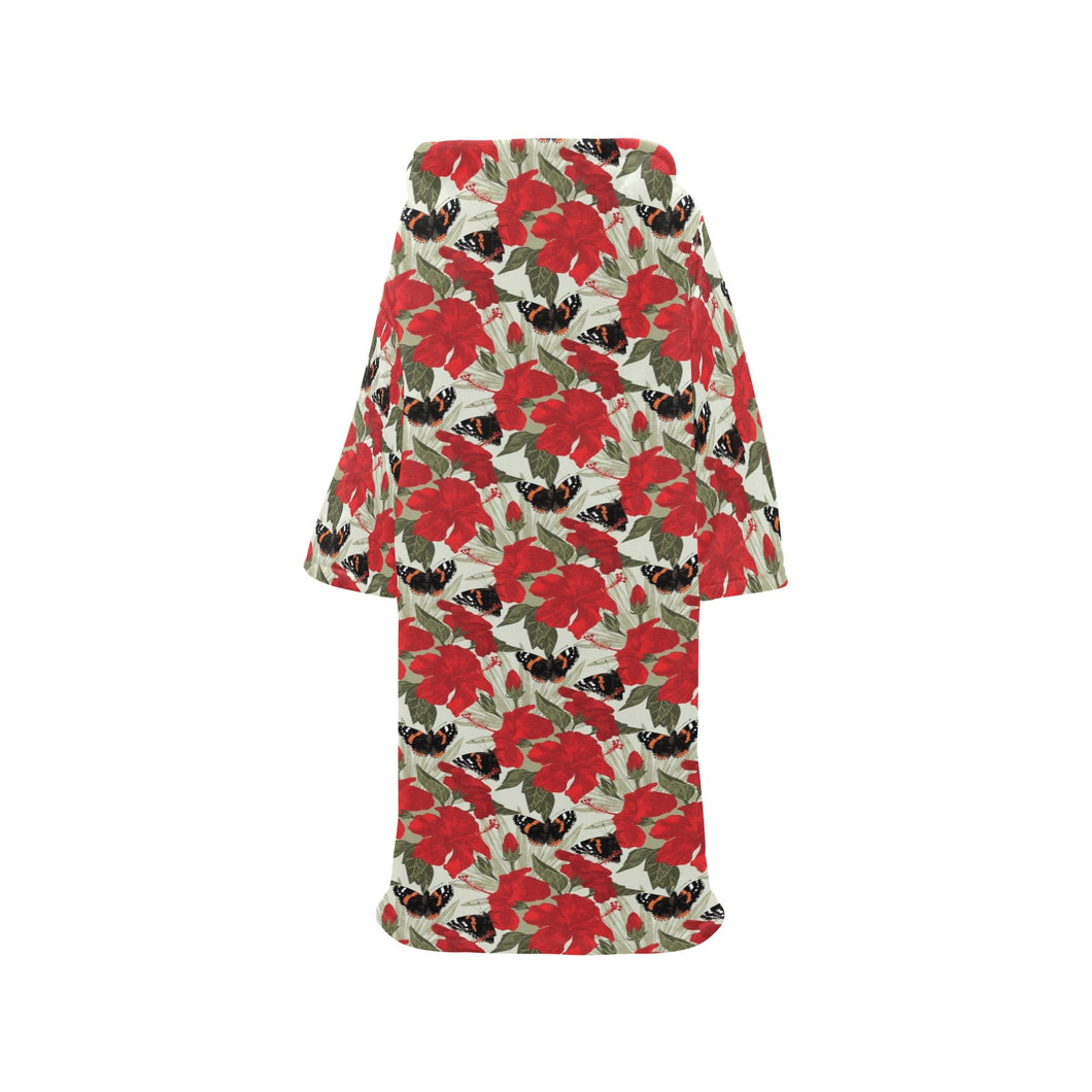 Hibiscus Pattern Print Design 04 Blanket Robe with Sleeves