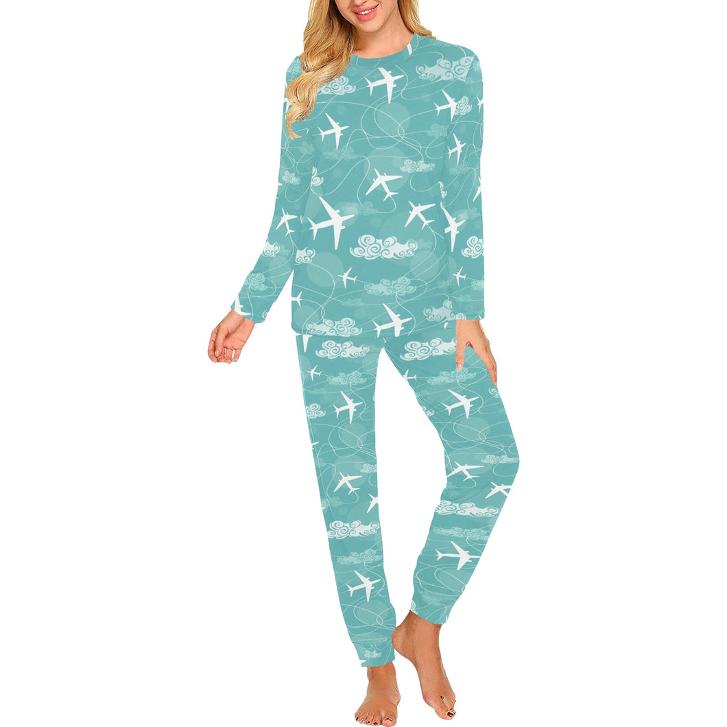 Airplane Cloud Pattern Green Background Women's All Over Print Pajama Set