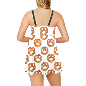 Pretzels Pattern Print Design 03 Chest Sexy Pleated Two Piece Swim Dress