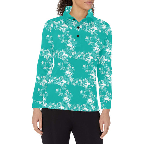 Dolphin Sea Shell Starfish Pattern Women's Long Sleeve Polo Shirt