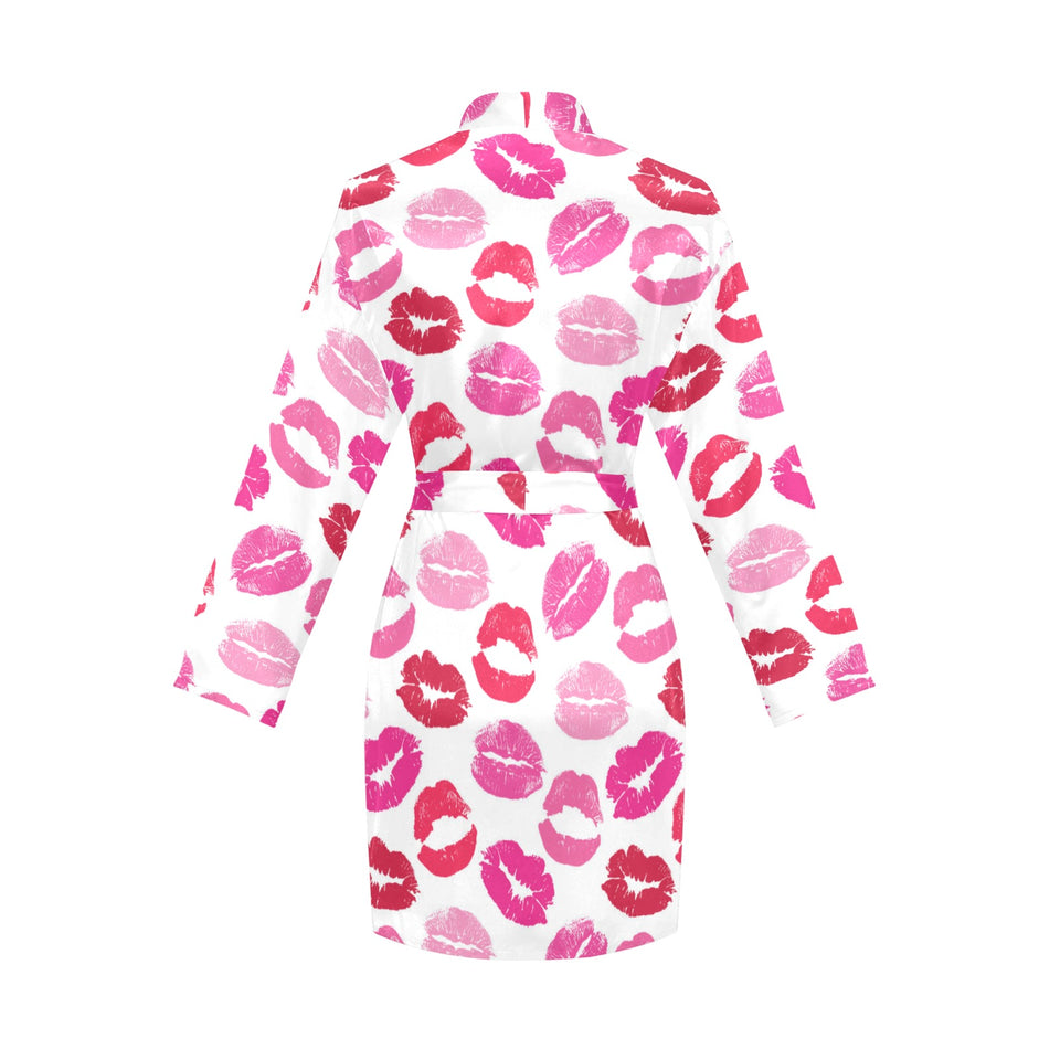 Lips Pattern Print Design 05 Women's Long Sleeve Belted Night Robe