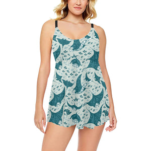 Stingray Pattern Print Design 01 Chest Sexy Pleated Two Piece Swim Dress