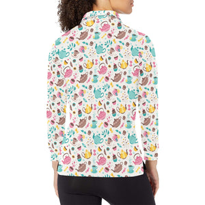 Tea pots Pattern Print Design 05 Women's Long Sleeve Polo Shirt