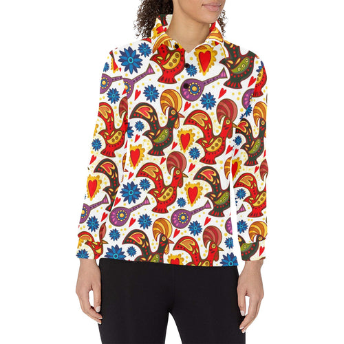 Colorful Rooster Chicken Guitar Pattern Women's Long Sleeve Polo Shirt