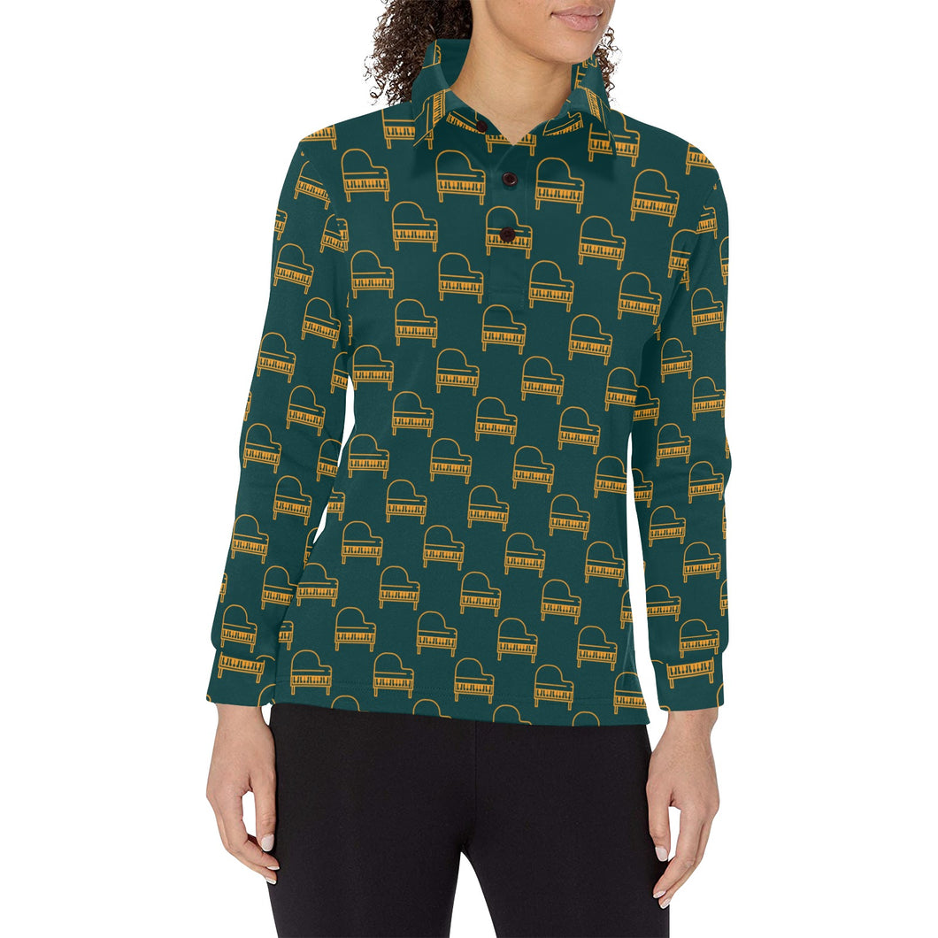 Piano Pattern Print Design 03 Women's Long Sleeve Polo Shirt