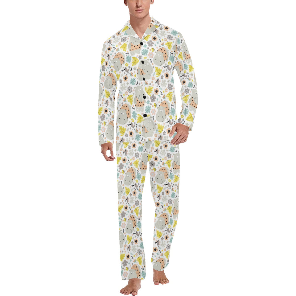 Hippopotamus Pattern Print Design 05 Men's Long Pajama Set