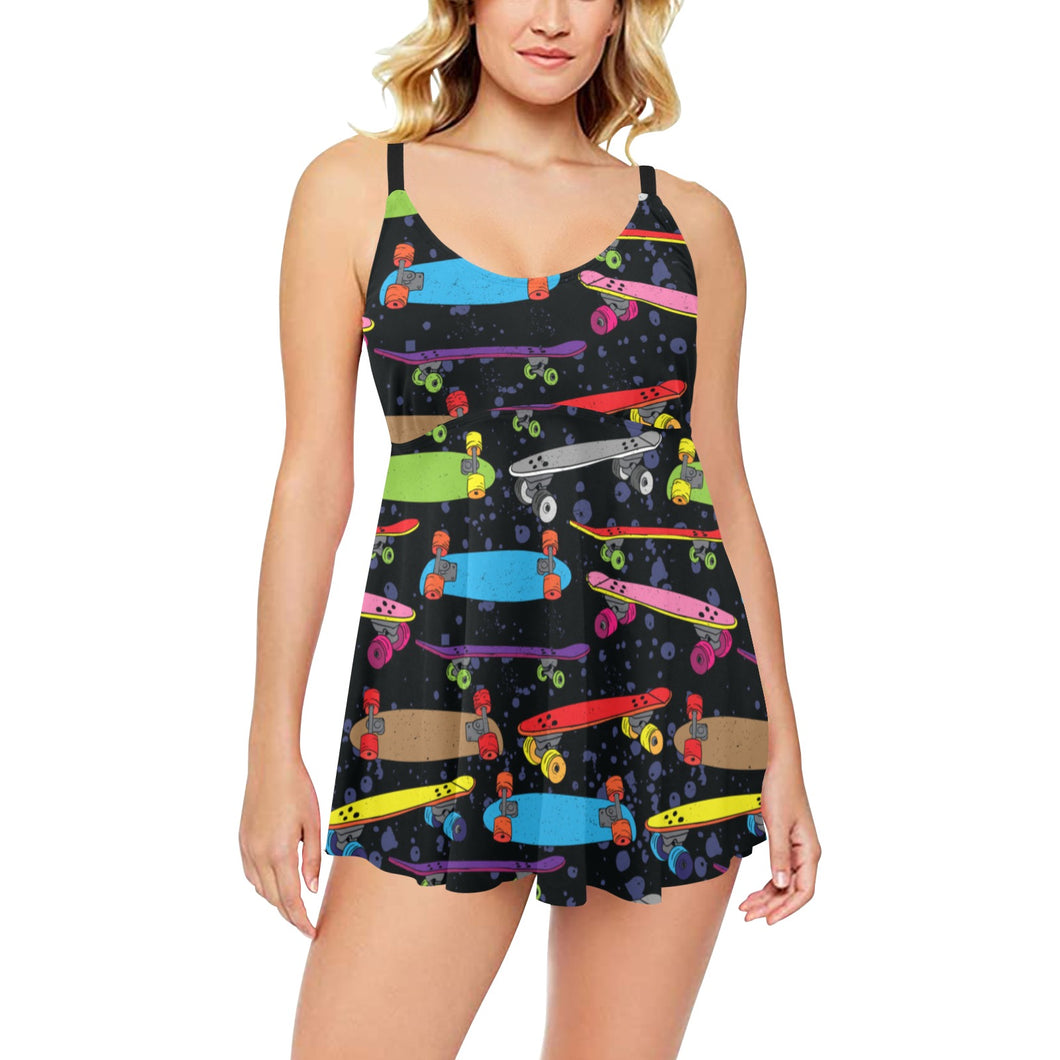 Skate Board Pattern Print Design 03 Chest Sexy Pleated Two Piece Swim Dress