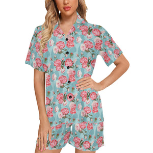 Rose Pattern Print Design 03 Women's V-Neck Short Pajama Set