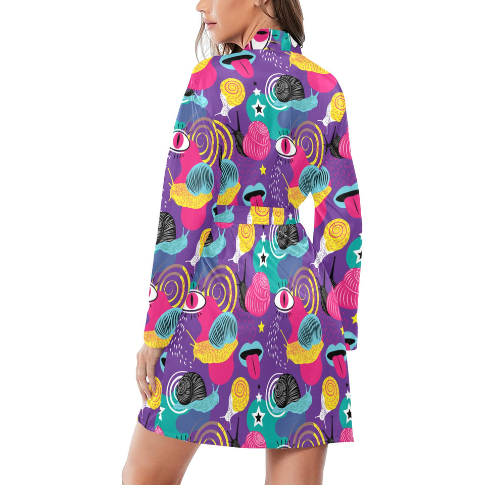 Snail Pattern Print Design 02 Women's Long Sleeve Belted Night Robe