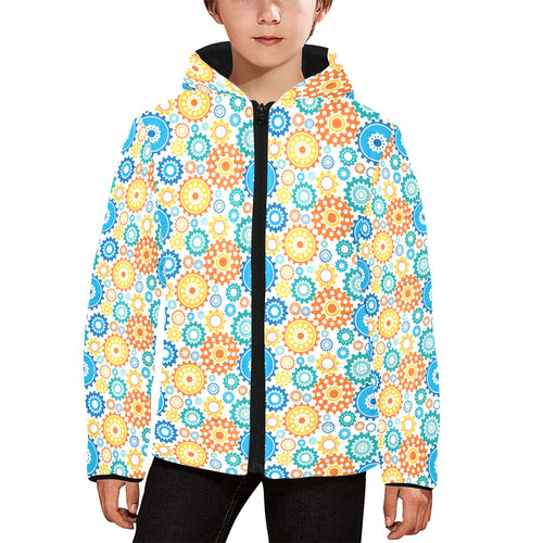 Gear Pattern Print Design 04 Kids' Boys' Girls' Padded Hooded Jacket