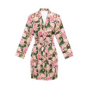 Rose Pattern Print Design 04 Women's Long Sleeve Belted Night Robe