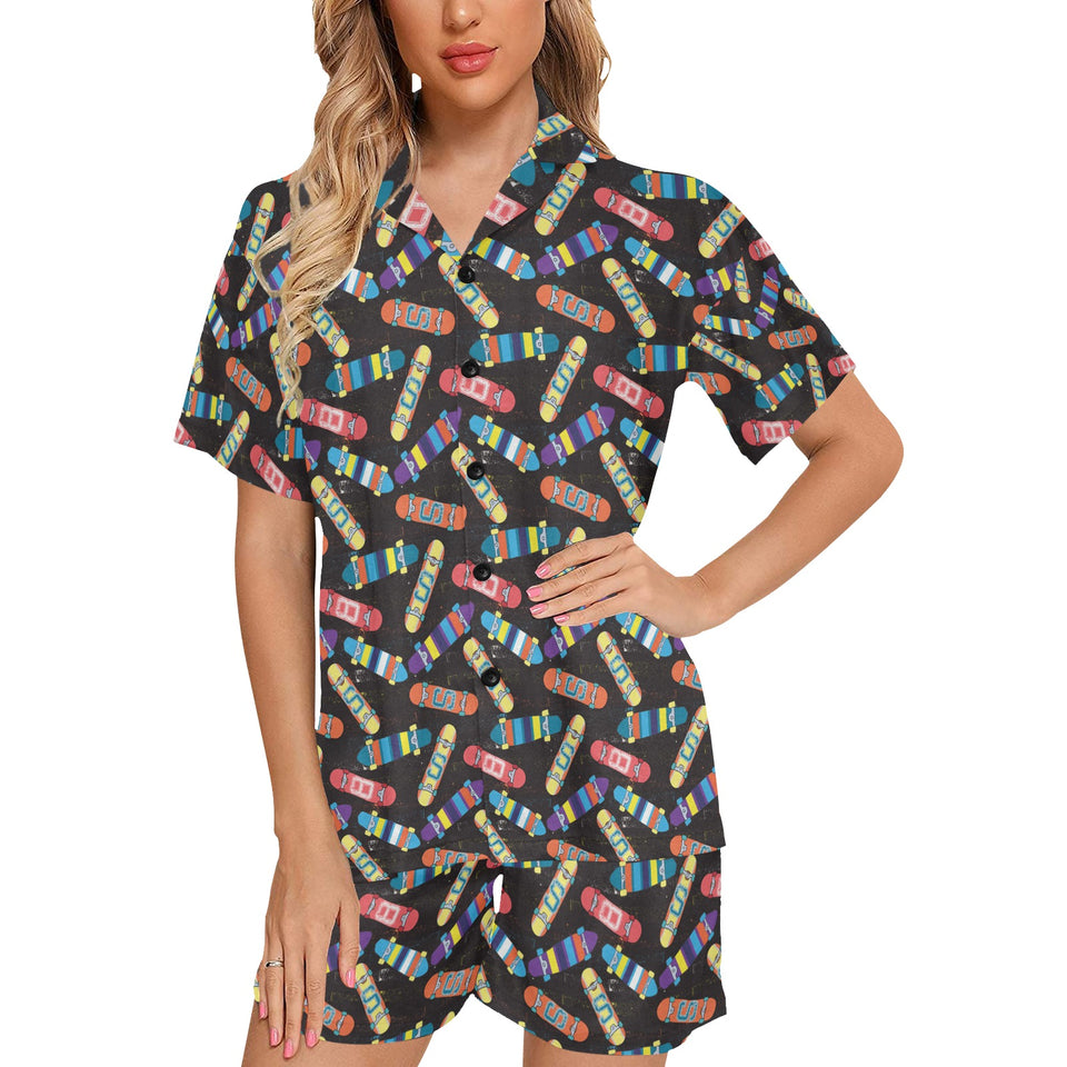 Skate Board Pattern Print Design 02 Women's V-Neck Short Pajama Set