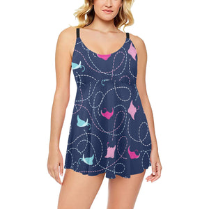 Stingray Pattern Print Design 05 Chest Sexy Pleated Two Piece Swim Dress