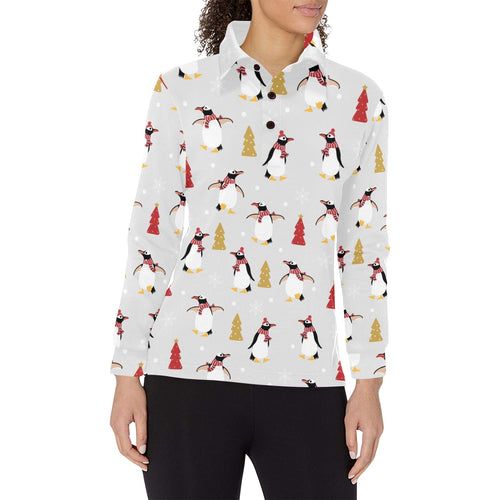 Penguin Christmas Tree Pattern Women's Long Sleeve Polo Shirt