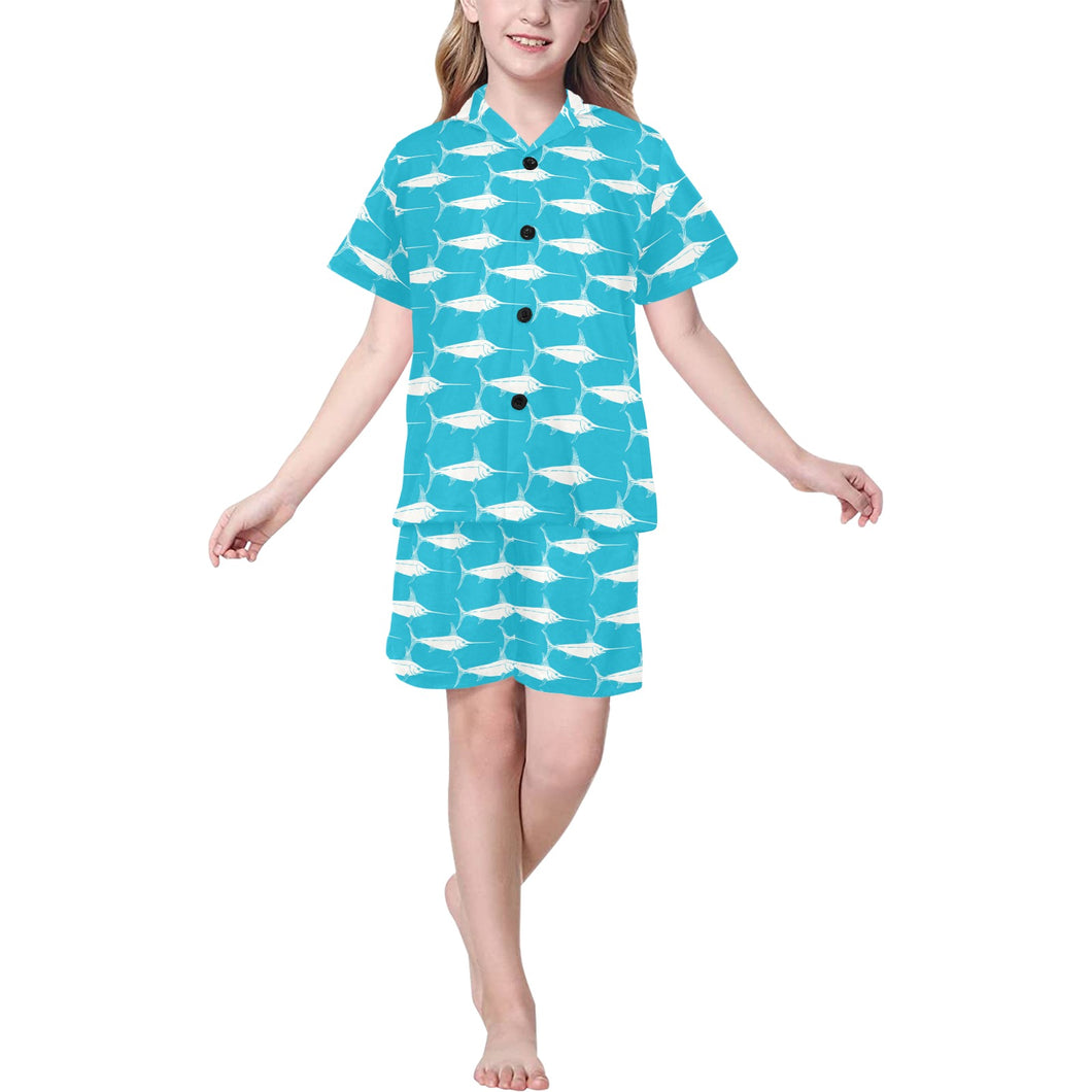 Swordfish Pattern Print Design 02 Kids' Boys' Girls' V-Neck Short Pajama Set