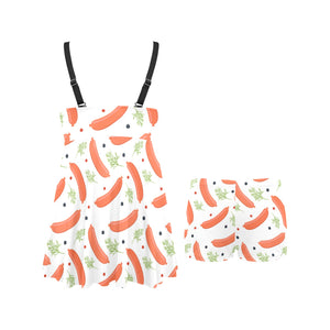 Sausage Pattern Print Design 03 Chest Sexy Pleated Two Piece Swim Dress