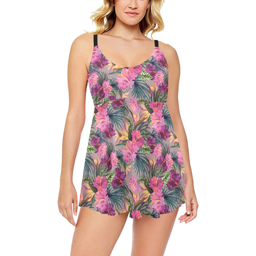 Hibiscus Pattern Print Design 03 Chest Sexy Pleated Two Piece Swim Dress