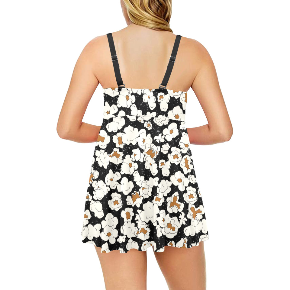 Popcorn Pattern Print Design 02 Chest Sexy Pleated Two Piece Swim Dress