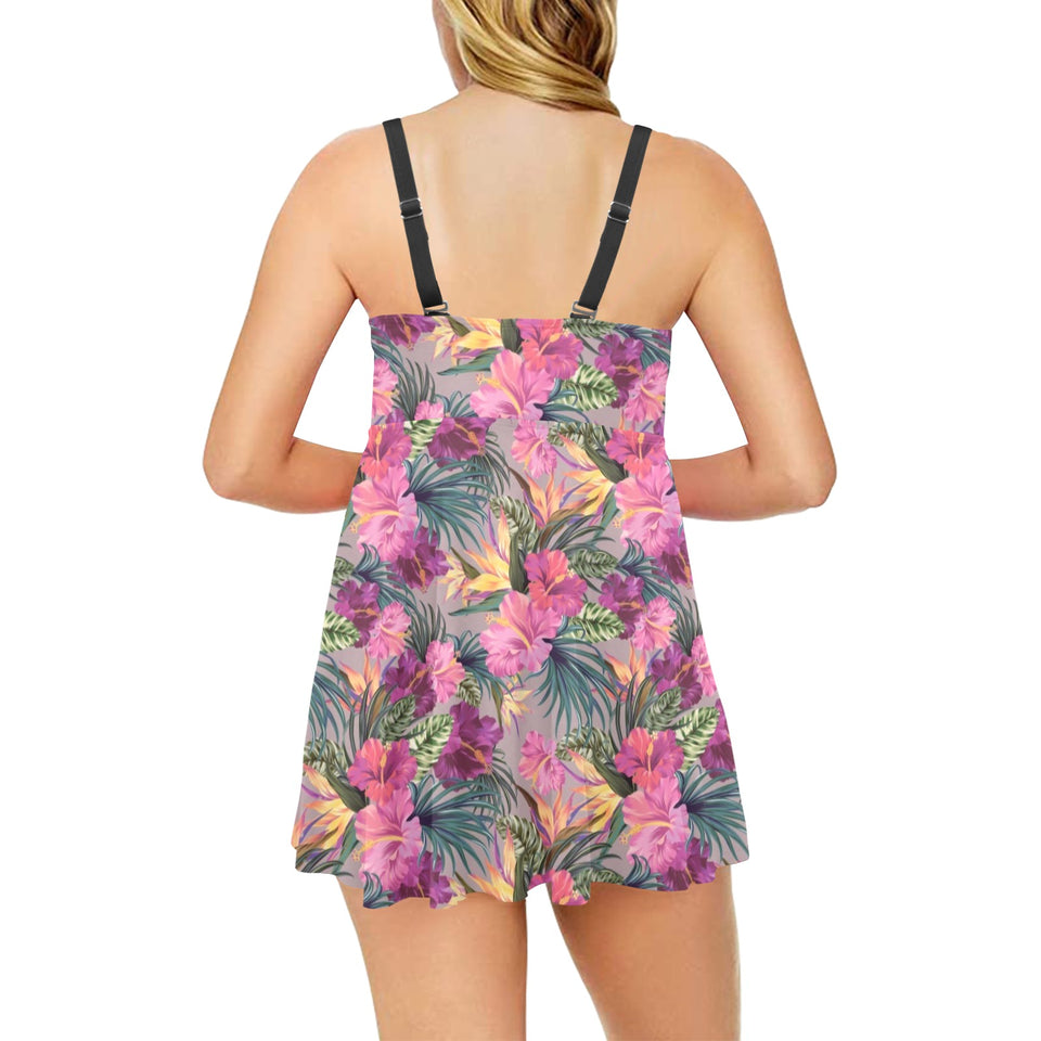 Hibiscus Pattern Print Design 03 Chest Sexy Pleated Two Piece Swim Dress