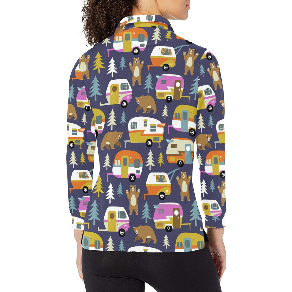 Camper Van Pattern Print Design 02 Women's Long Sleeve Polo Shirt