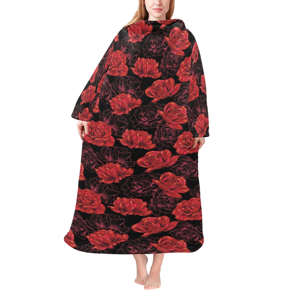 Rose Pattern Print Design 01 Blanket Robe with Sleeves