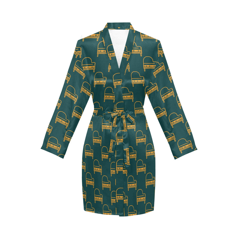 Piano Pattern Print Design 03 Women's Long Sleeve Belted Night Robe