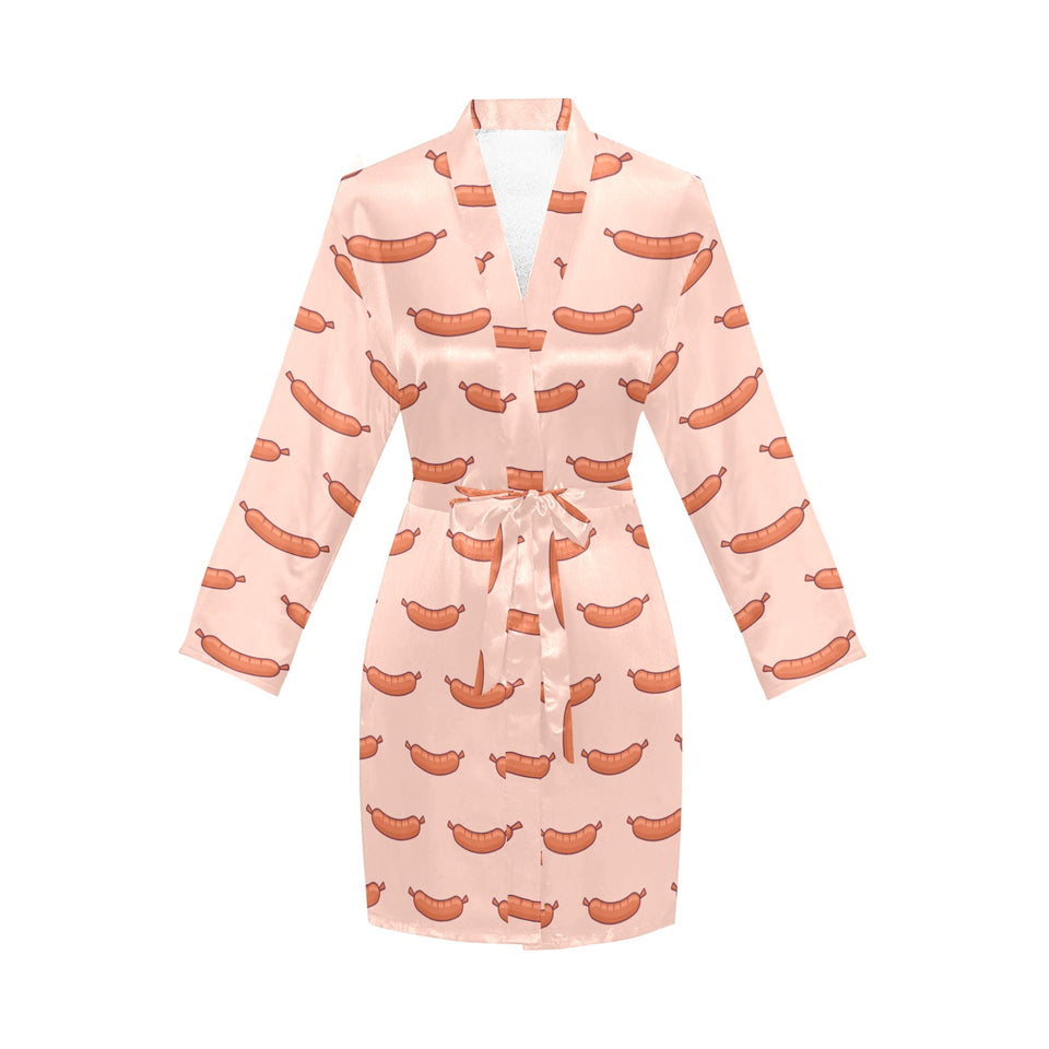 Sausage Pattern Print Design 01 Women's Long Sleeve Belted Night Robe