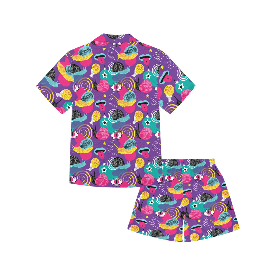 Snail Pattern Print Design 02 Kids' Boys' Girls' V-Neck Short Pajama Set