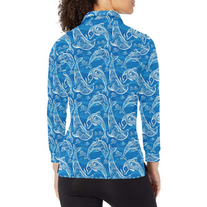 Dolphin Tribal Blue Pattern Women's Long Sleeve Polo Shirt