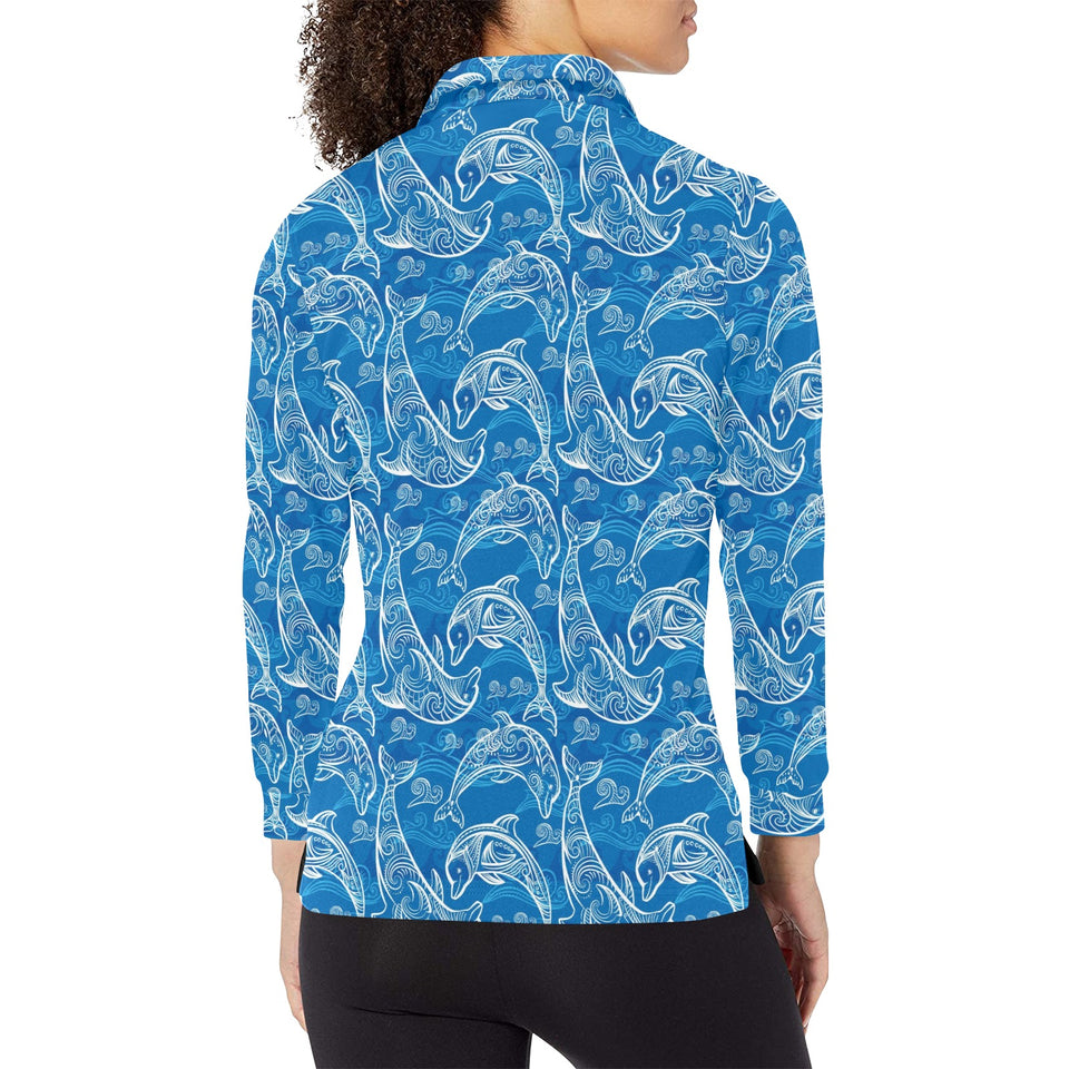 Dolphin Tribal Blue Pattern Women's Long Sleeve Polo Shirt