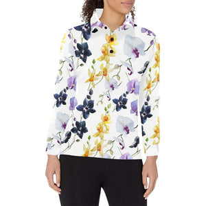 Orchid Pattern Background Women's Long Sleeve Polo Shirt